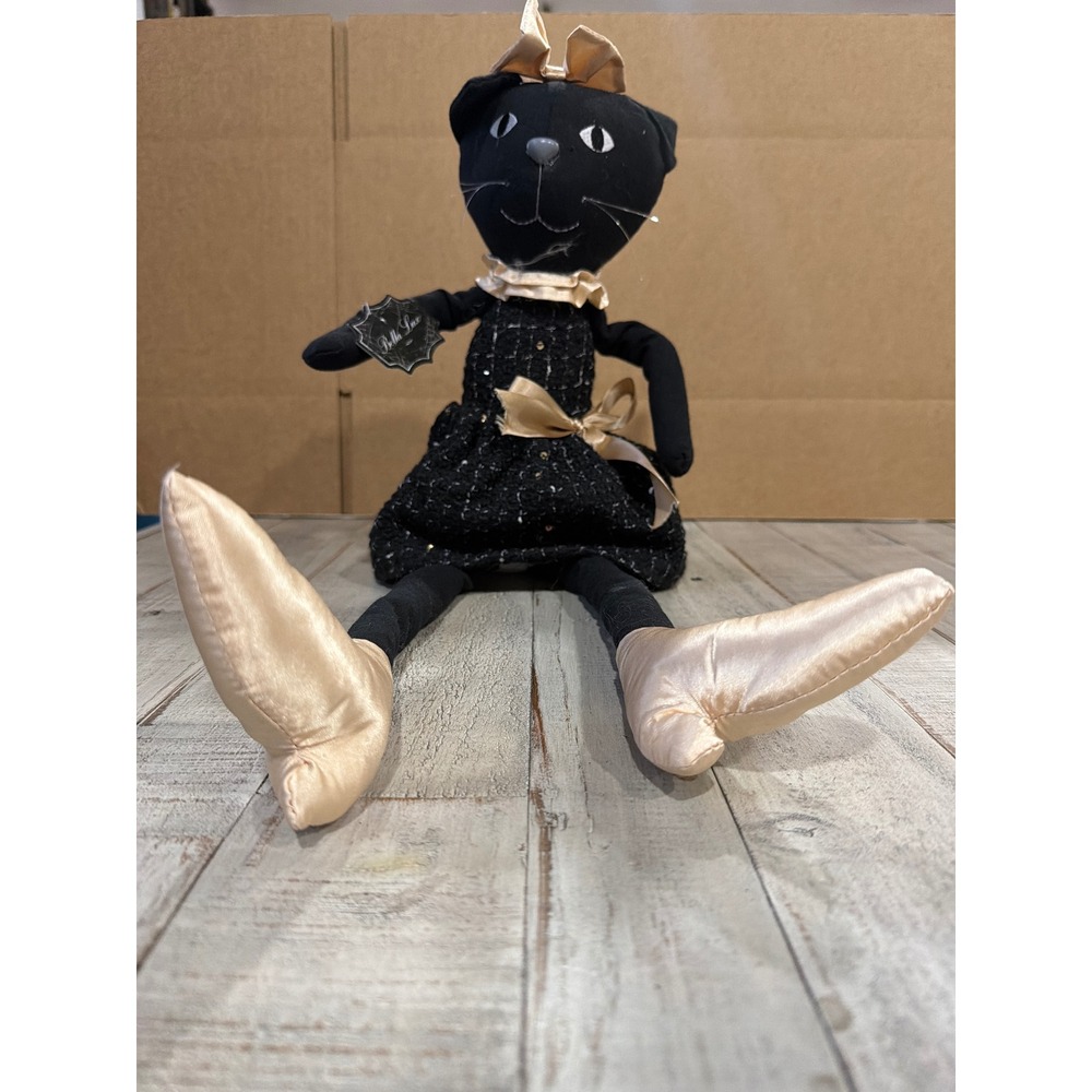 Bella Lux Halloween Blak Cat Decorative Doll Tweed Dress Gold Accents 20" Gothic